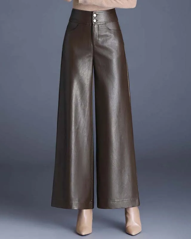 Vicky Women’s Wide Leg Trousers – Premium Vegan Leather with High Waist Fit