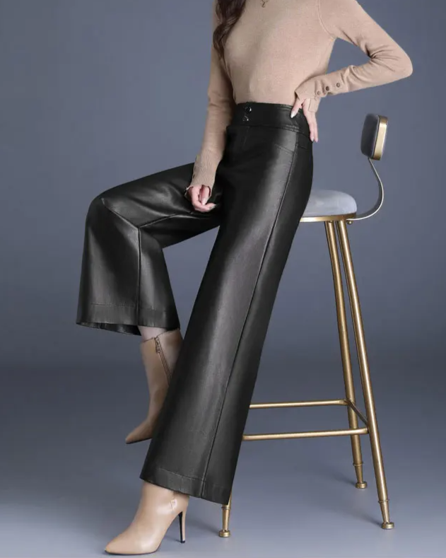 Vicky Women’s Wide Leg Trousers – Premium Vegan Leather with High Waist Fit