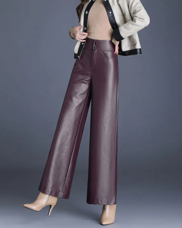 Vicky Women’s Wide Leg Trousers – Premium Vegan Leather with High Waist Fit