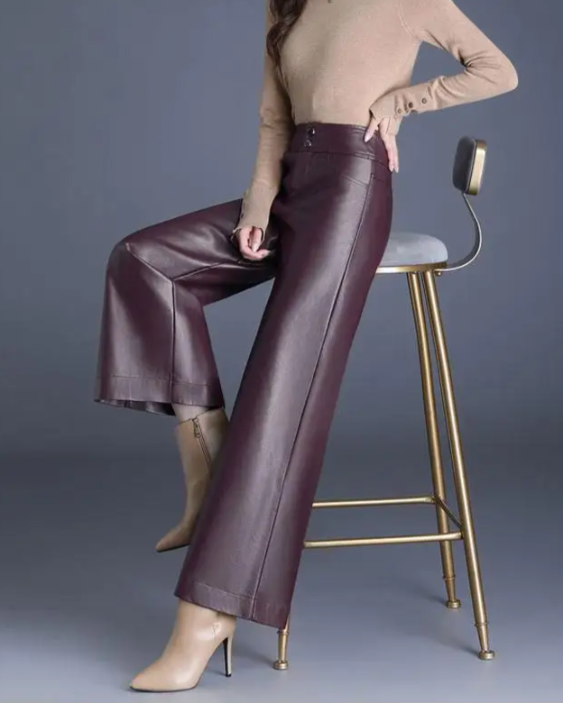 Vicky Women’s Wide Leg Trousers – Premium Vegan Leather with High Waist Fit