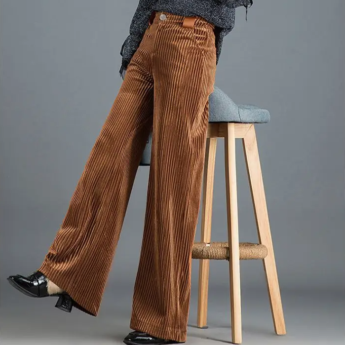 Claudia Women’s Wide Leg Trousers – Pleated Velvet Corduroy with High Waist Fit