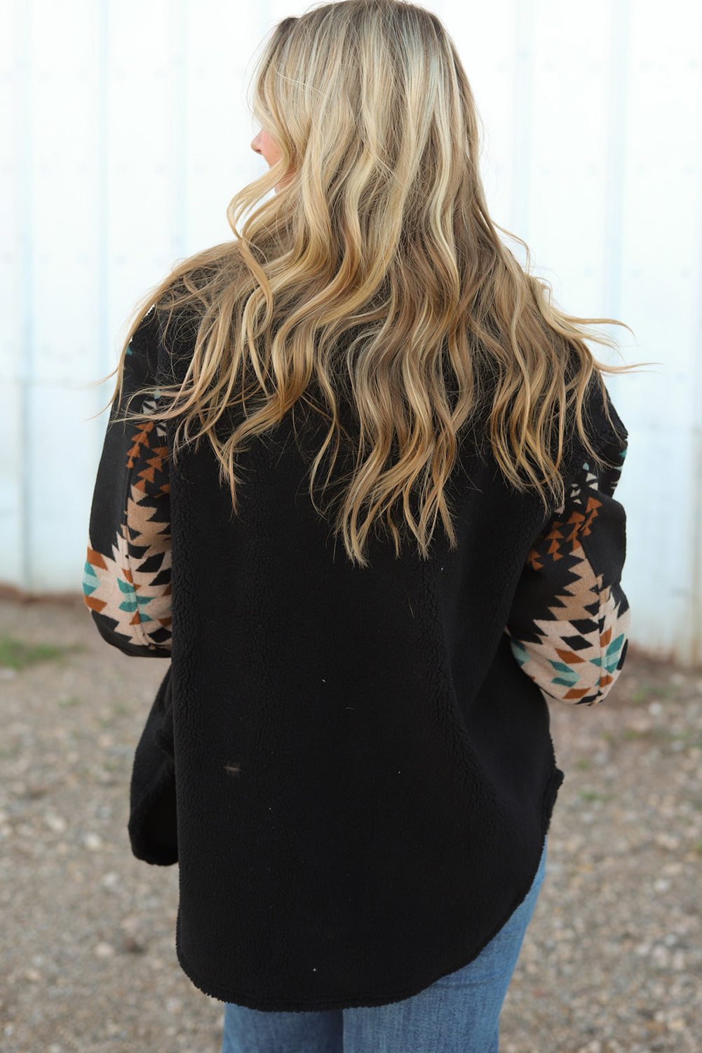 Black Fleece Shacket with Aztec Print - Trendy and Comfortable
