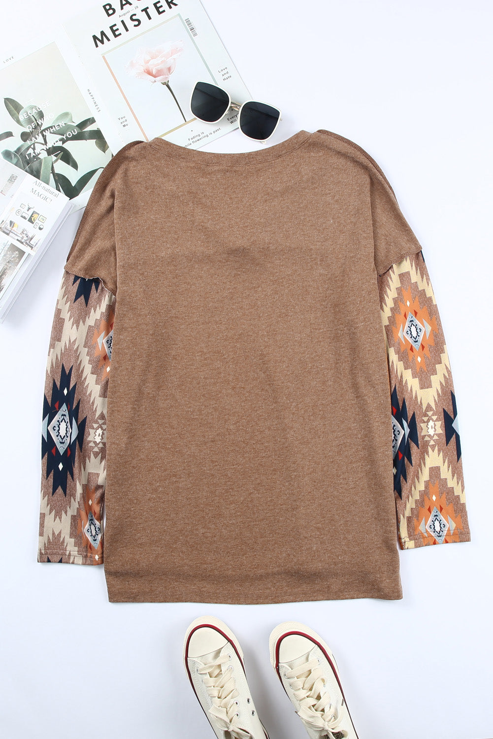Stylish Brown V-Neck Western Top with Aztec Print