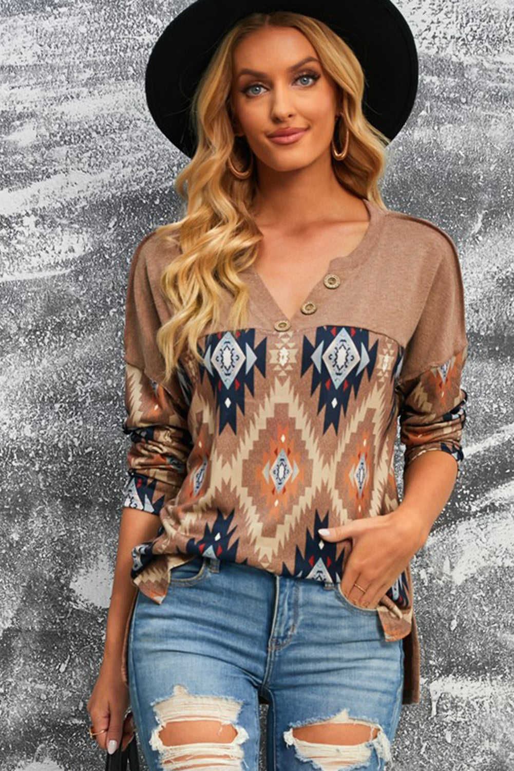 Stylish Brown V-Neck Western Top with Aztec Print