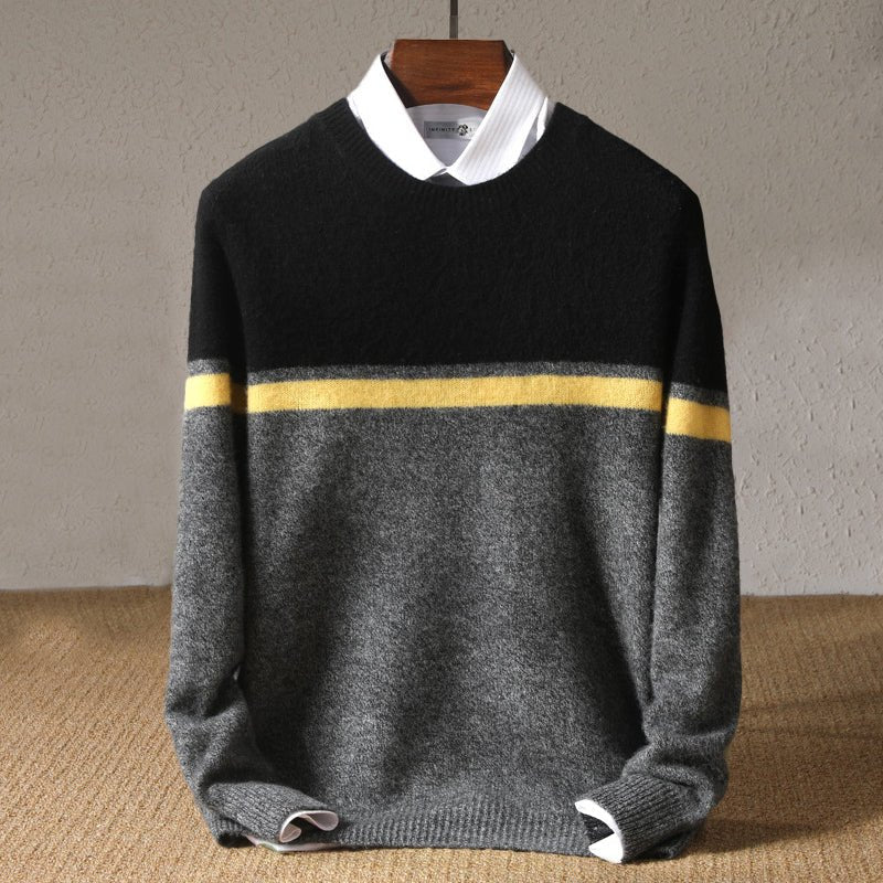 Alessandro Men’s Wool Sweater – O-Neck Pullover with Stripe Detail