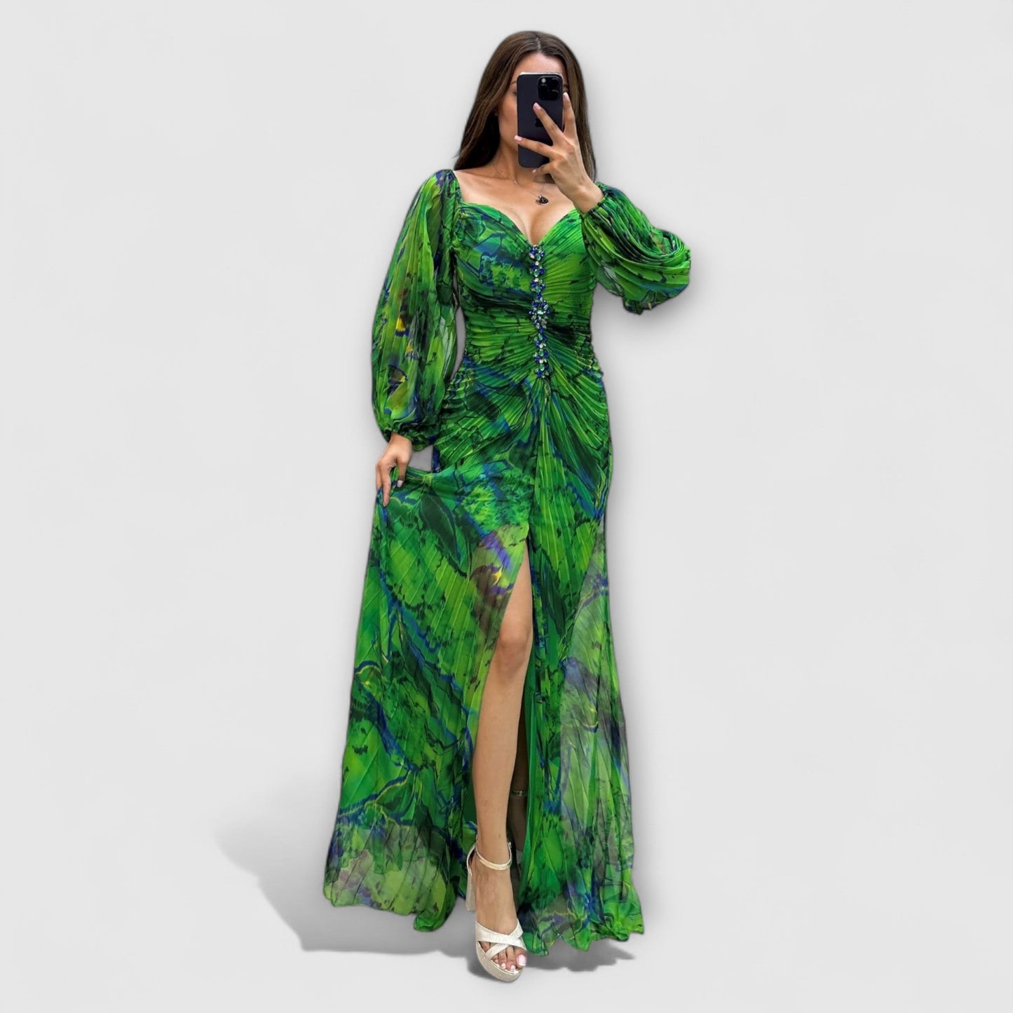 Sarah Long Sleeve Maxi Dress – Elegant Silhouette with Pleated Detailing