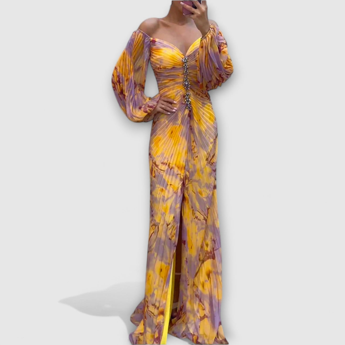 Sarah Long Sleeve Maxi Dress – Elegant Silhouette with Pleated Detailing