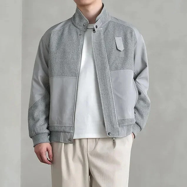Harrington Stand Collar Men’s Patchwork Jacket – Corduroy & Woven Panel Contrast