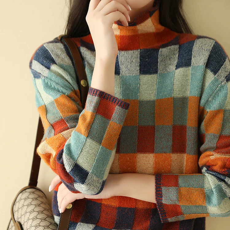 Amélie Women’s Sweater – Knit Turtleneck Pullover with Mélange Patchwork Design