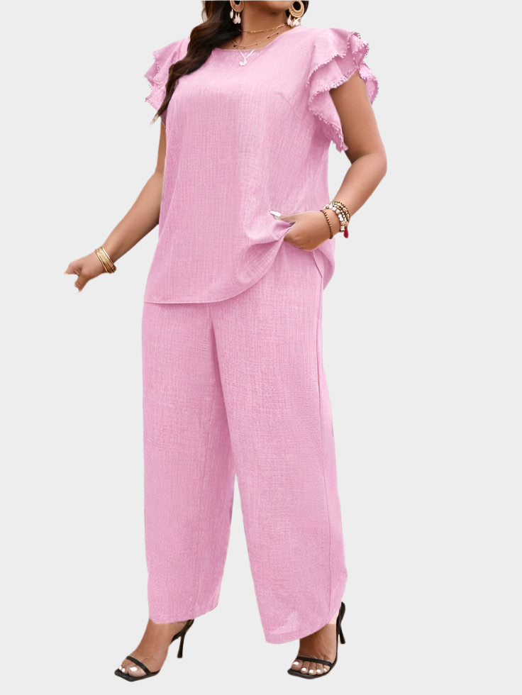 Freya Women’s Linen Lounge Set – Wide-Leg Trousers & Ruffle Sleeve Blouse