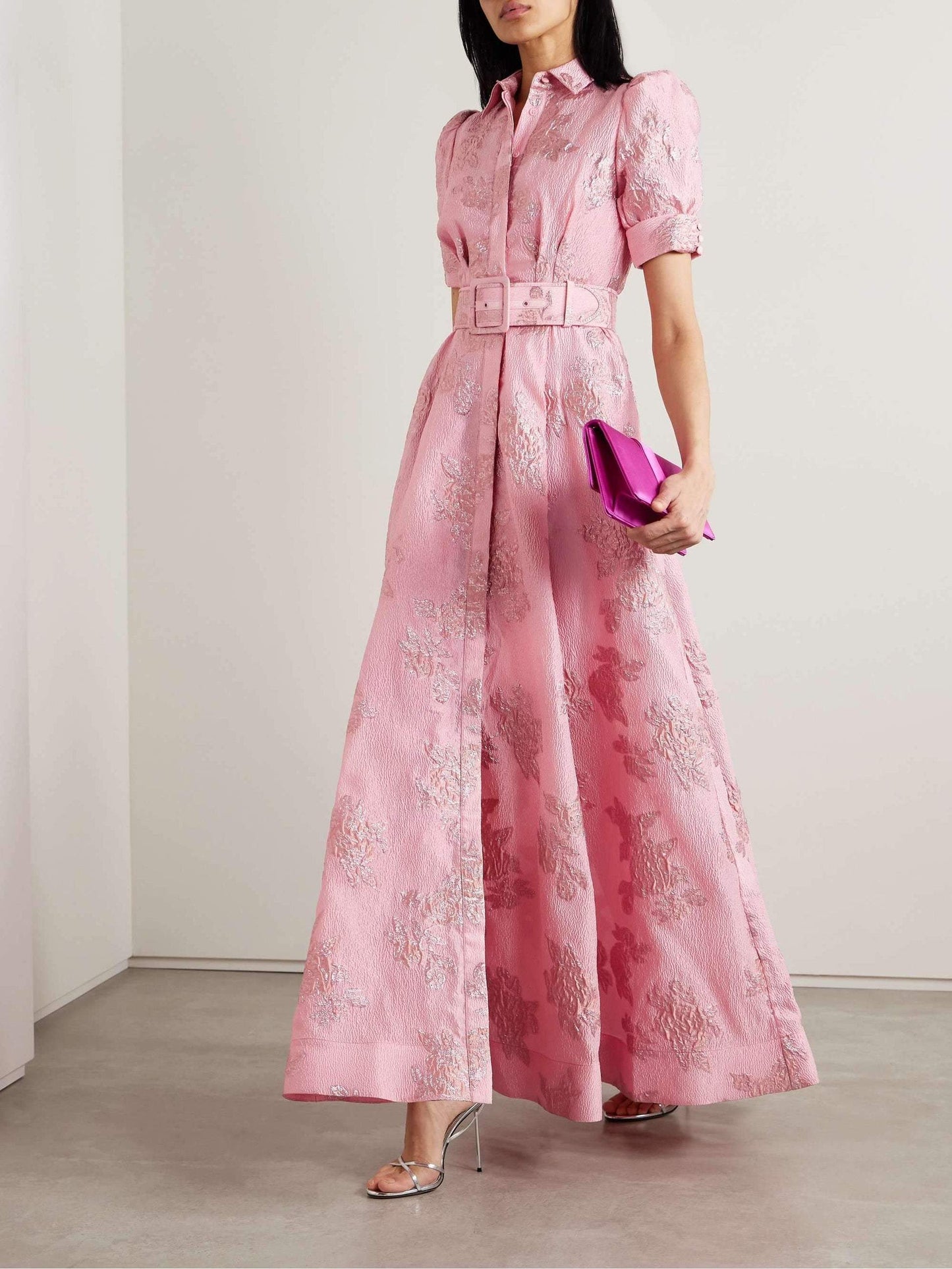Sylvie Women’s Floral Maxi Dress – Belted Waist with Elegant Short Sleeves