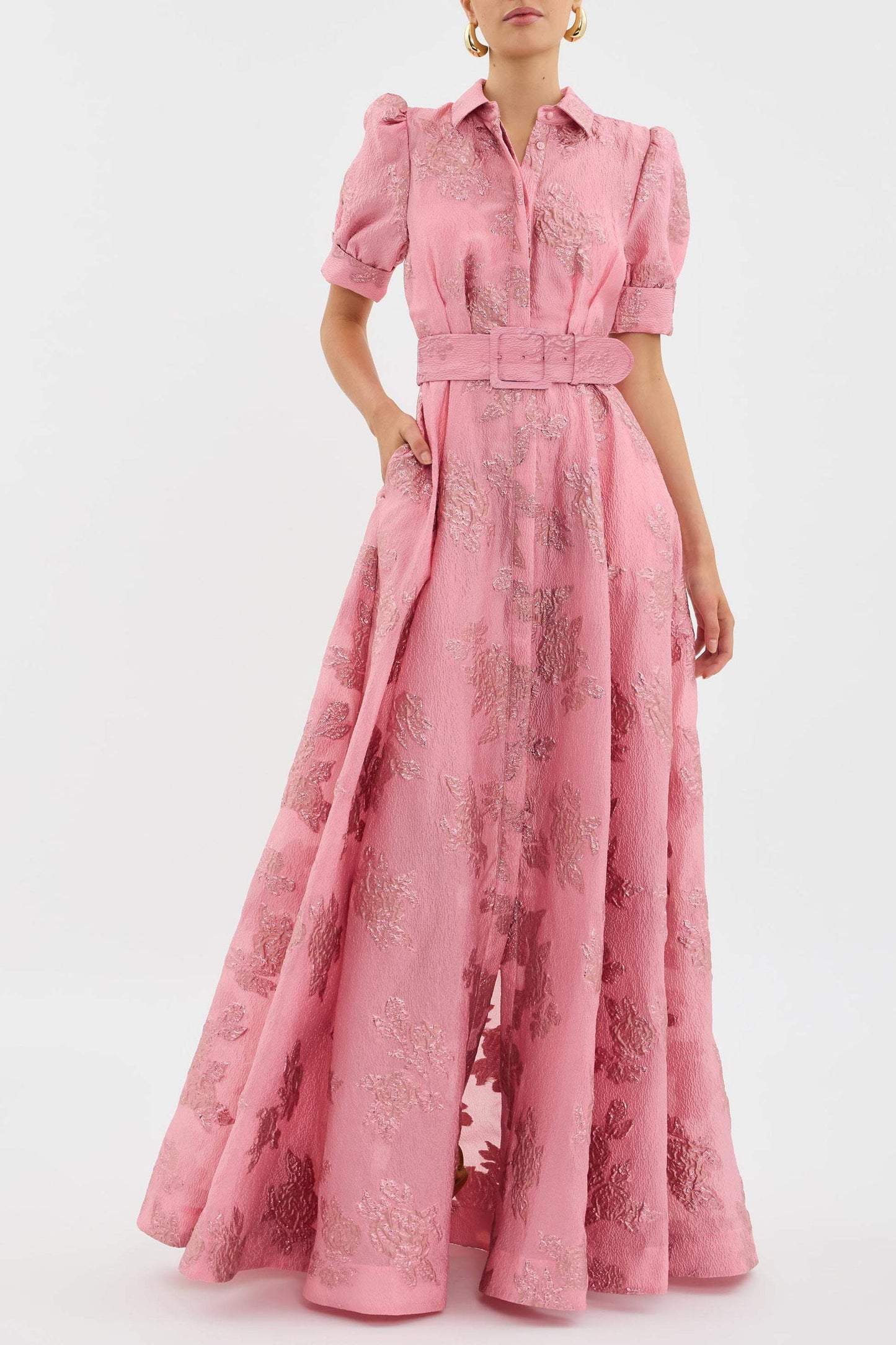 Sylvie Women’s Floral Maxi Dress – Belted Waist with Elegant Short Sleeves