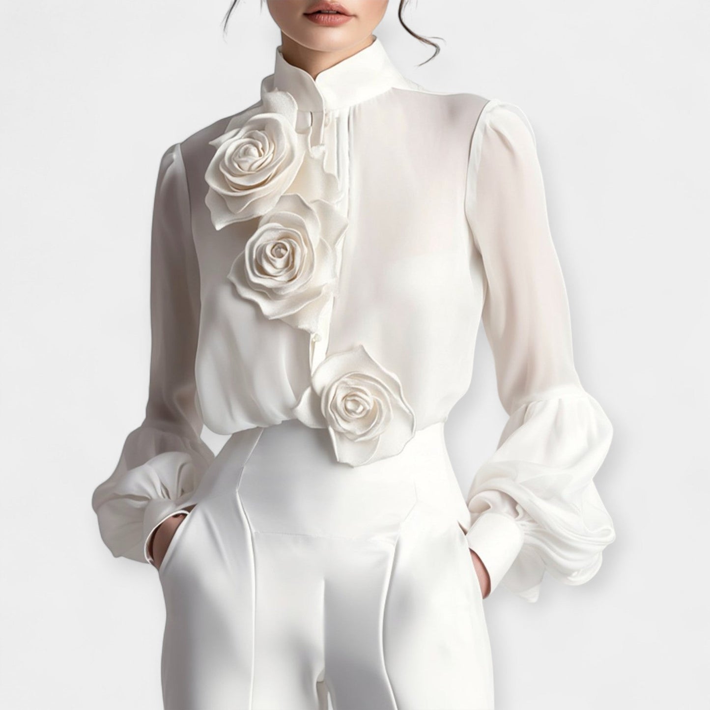 Althea Chiffon Blouse – 3D Rose Detail & Relaxed Fit