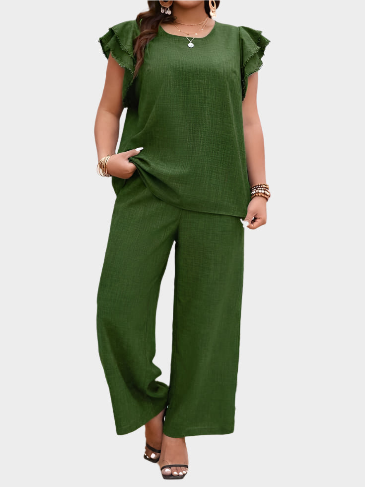 Freya Women’s Linen Lounge Set – Wide-Leg Trousers & Ruffle Sleeve Blouse