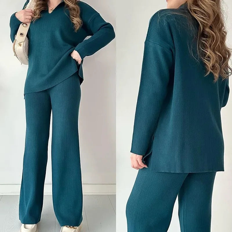 Nadia Women’s Knit Lounge Set – Waffle Knit Sweater & Drawstring Pants