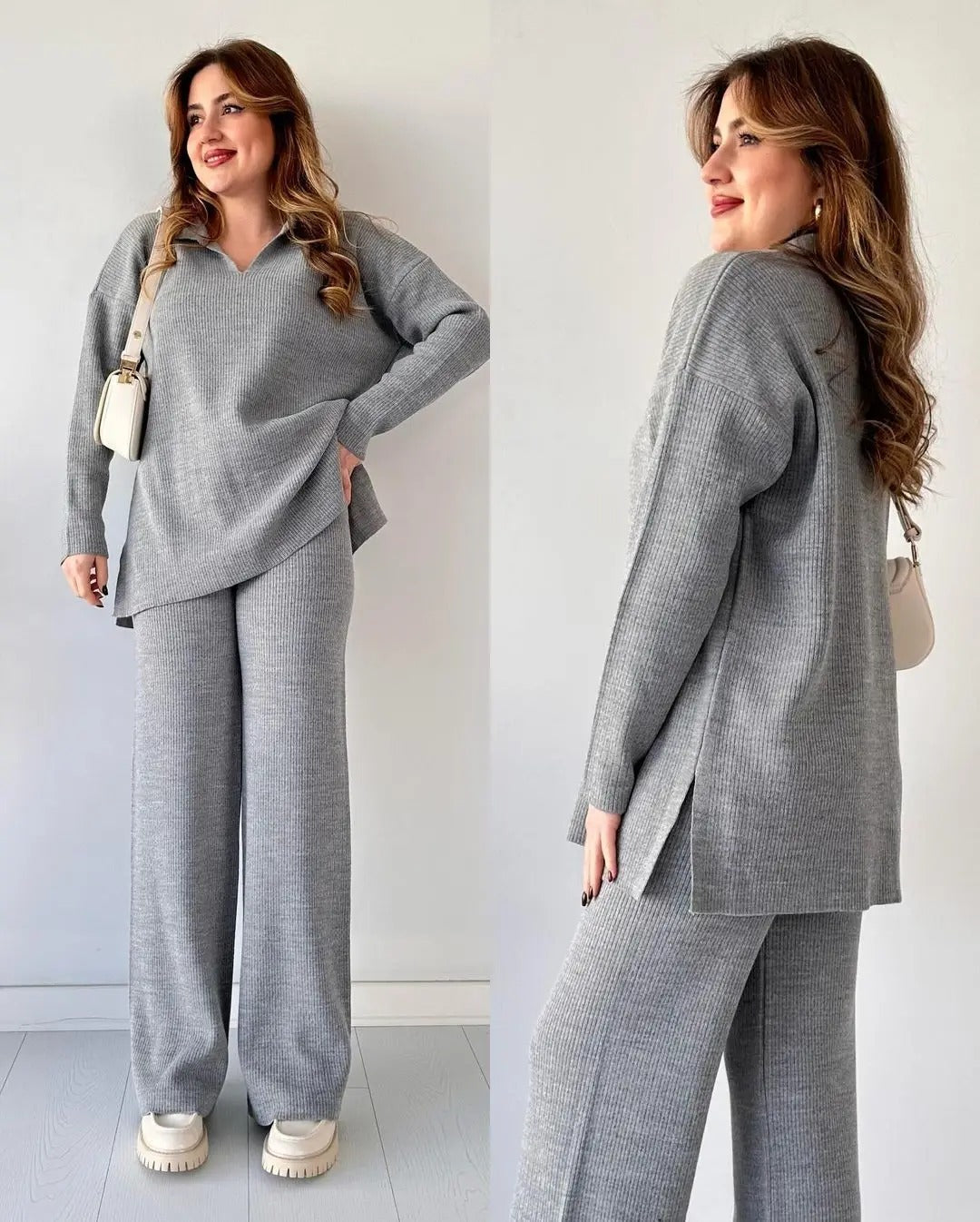 Nadia Women’s Knit Lounge Set – Waffle Knit Sweater & Drawstring Pants