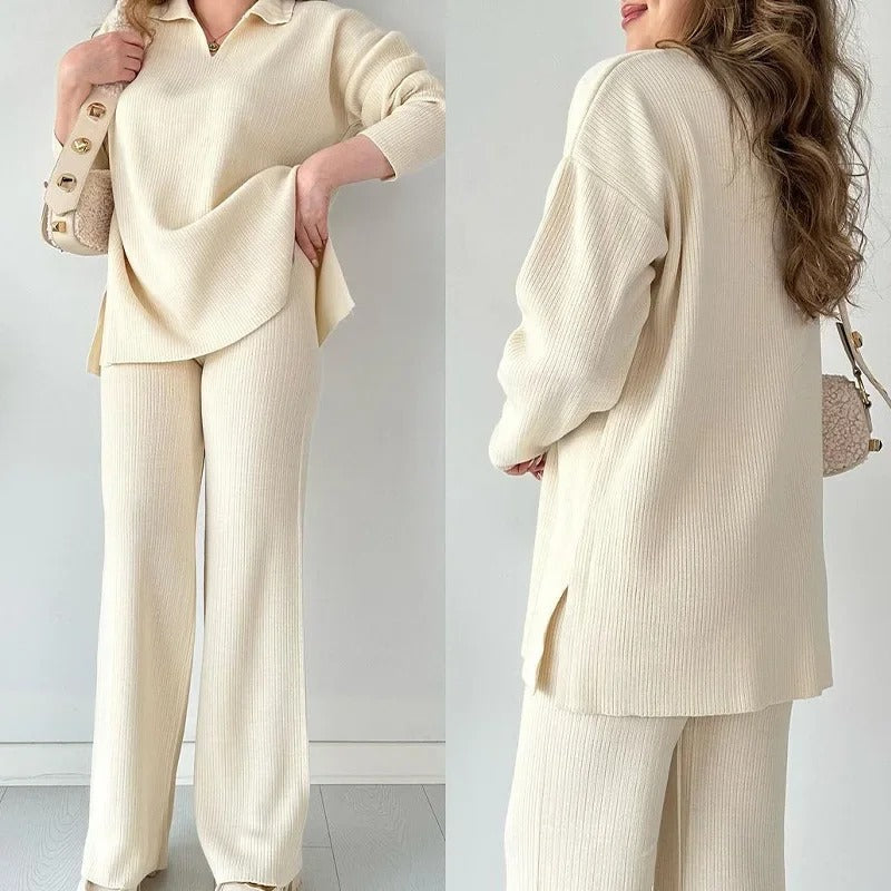 Nadia Women’s Knit Lounge Set – Waffle Knit Sweater & Drawstring Pants
