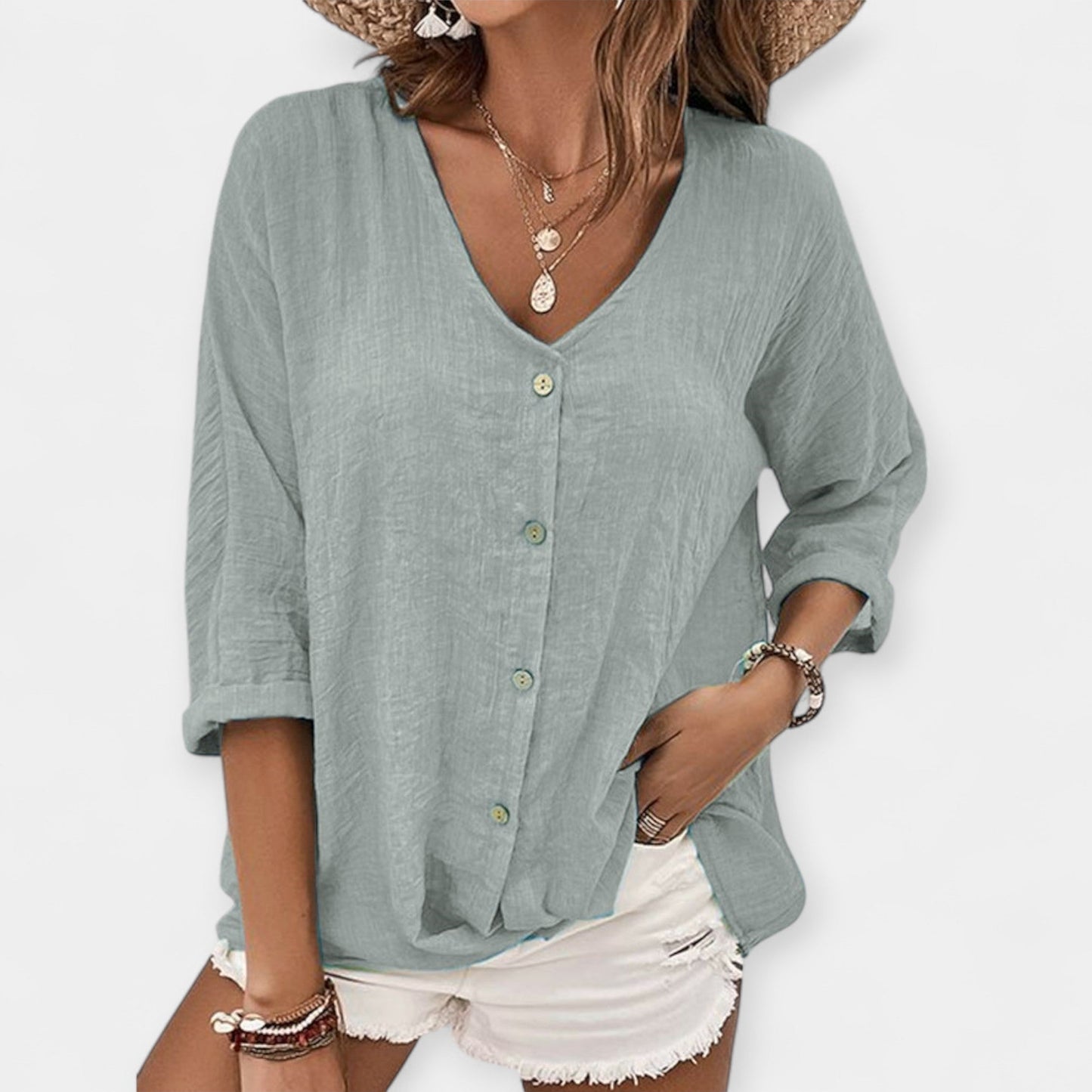 Elana Women’s Linen Shirt – Lightweight V-Neck Relaxed Fit Top