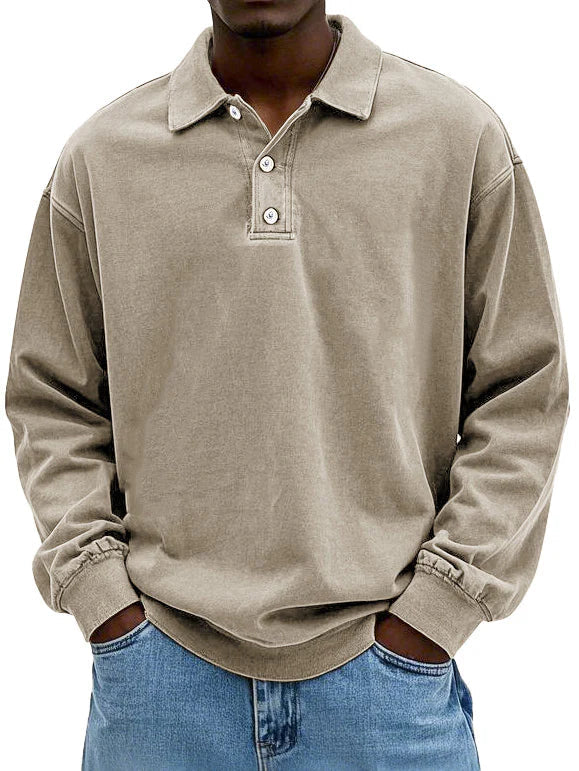 Yael Men’s Long Sleeve Polo Shirt – Soft Cotton with Relaxed Retro Fit