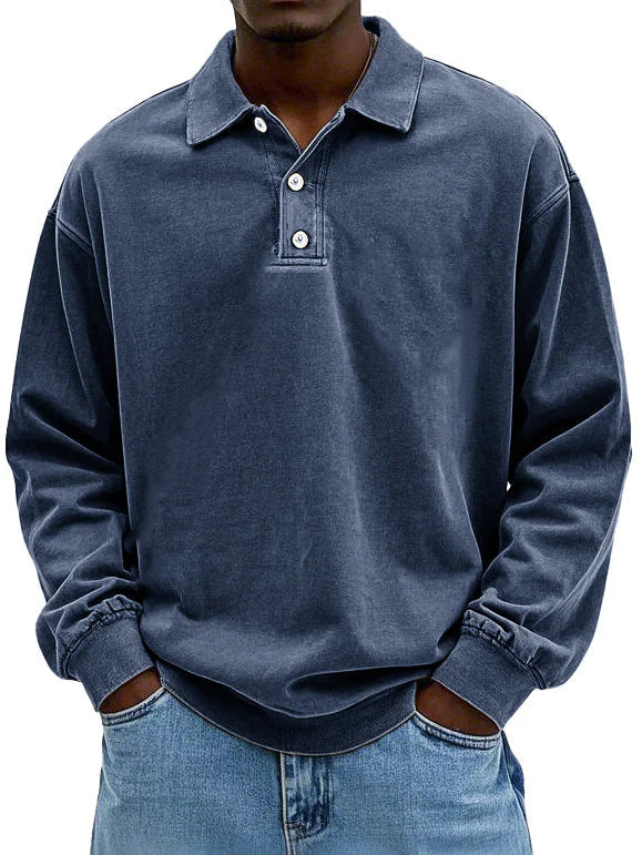 Yael Men’s Long Sleeve Polo Shirt – Soft Cotton with Relaxed Retro Fit