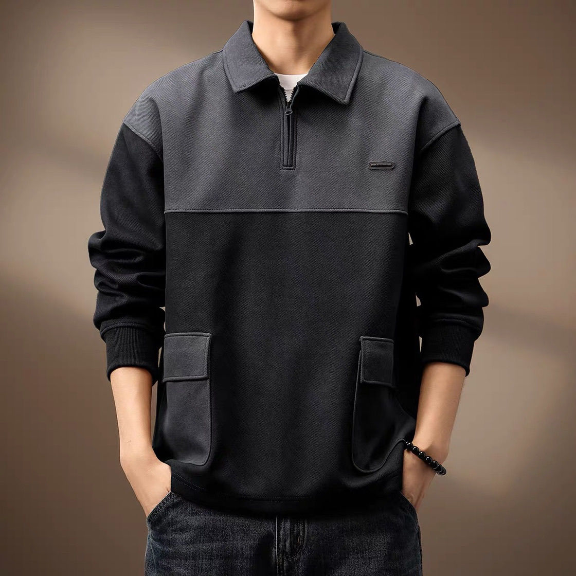 Marcus Men’s Quarter Zip Polo Sweater – Two-Tone Knit with Utility Pockets