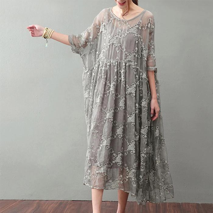 Soraya Midi Dress – Silk Cotton Blend with Lace Detail and Flowy Relaxed Fit