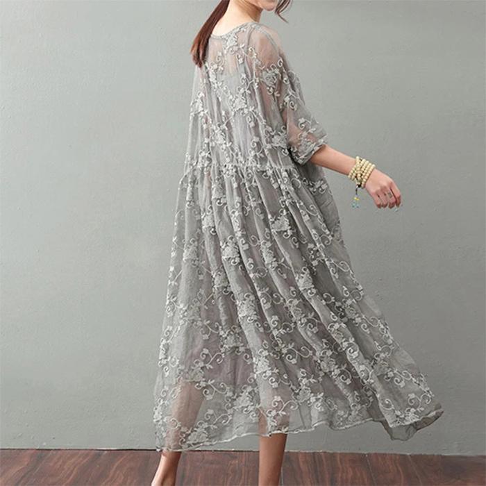 Soraya Midi Dress – Silk Cotton Blend with Lace Detail and Flowy Relaxed Fit