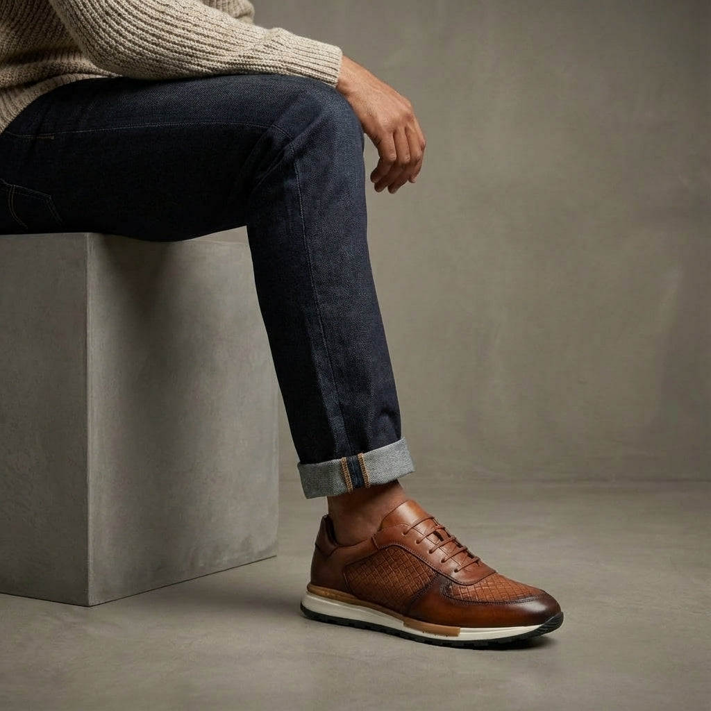 Kaisar Genuine Leather Lace-Up Trainers – Weave Pattern Casual Shoes