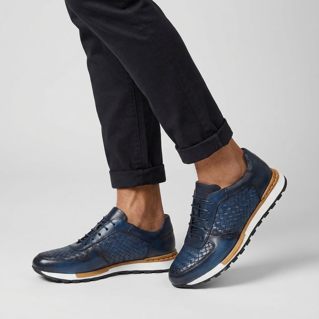 Kaisar Genuine Leather Lace-Up Trainers – Weave Pattern Casual Shoes