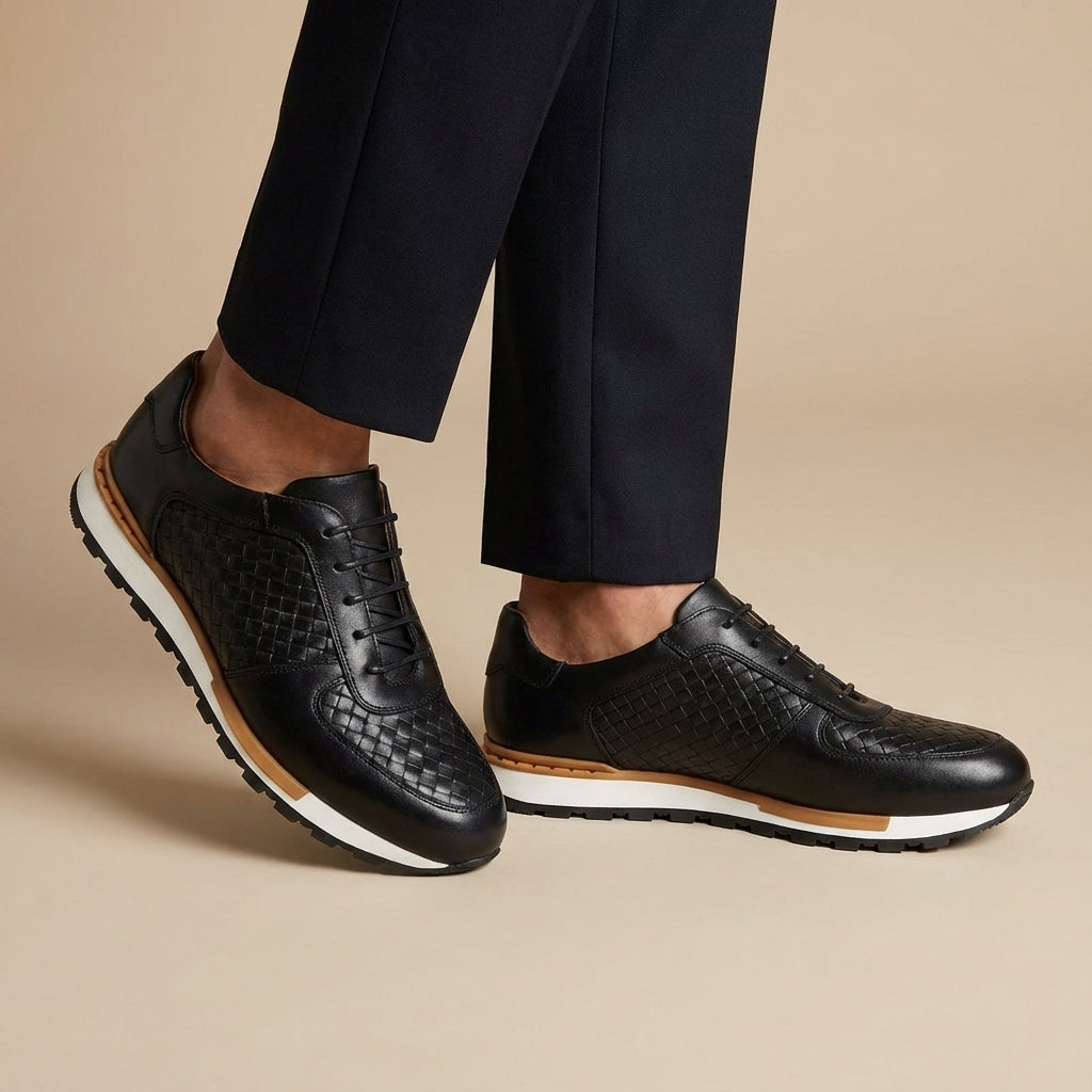 Kaisar Genuine Leather Lace-Up Trainers – Weave Pattern Casual Shoes
