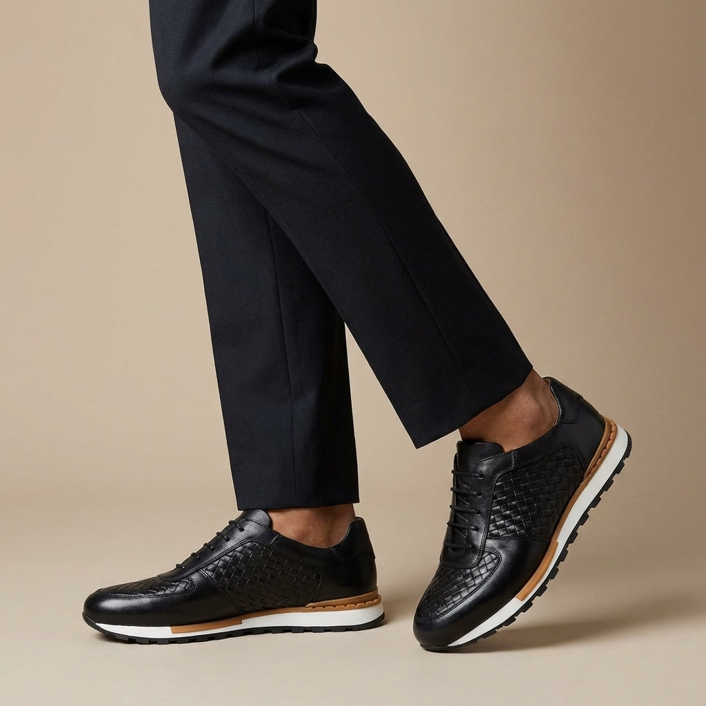 Kaisar Genuine Leather Lace-Up Trainers – Weave Pattern Casual Shoes
