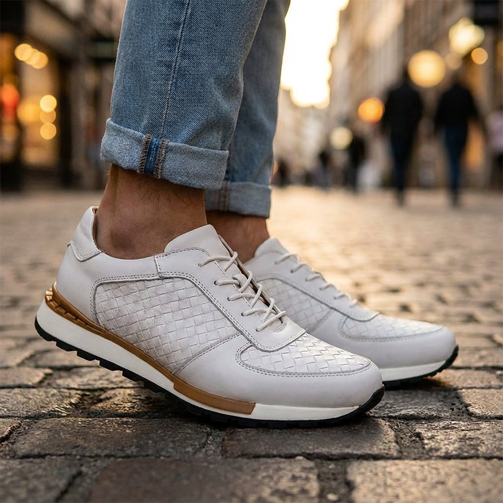 Kaisar Genuine Leather Lace-Up Trainers – Weave Pattern Casual Shoes