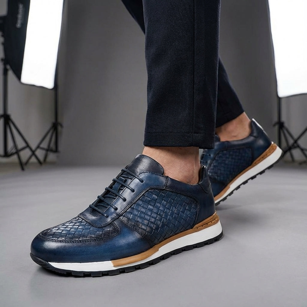 Kaisar Genuine Leather Lace-Up Trainers – Weave Pattern Casual Shoes