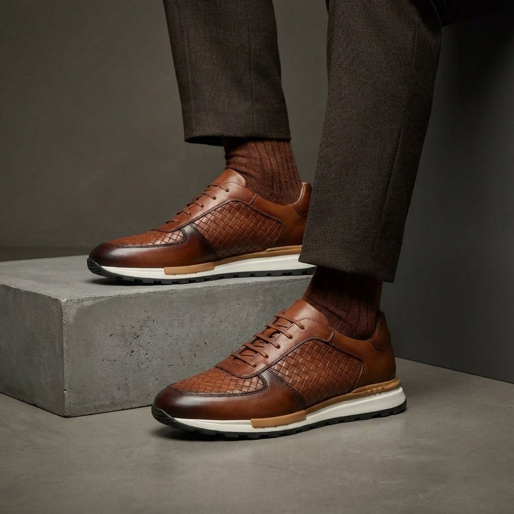 Kaisar Genuine Leather Lace-Up Trainers – Weave Pattern Casual Shoes
