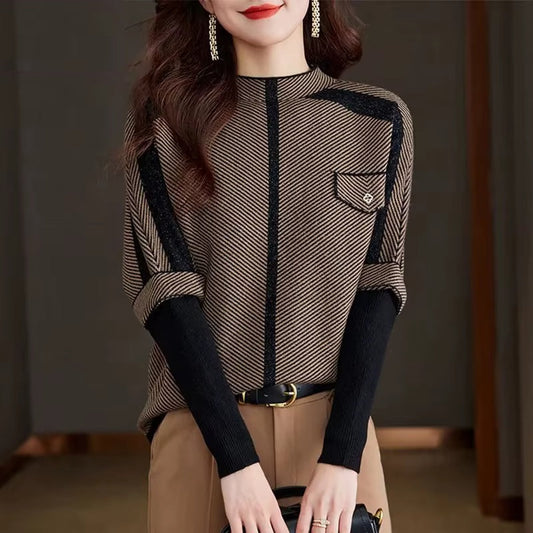 Marissa Women’s Knit Sweater – Soft High-Neck Pullover with Stripe Detail