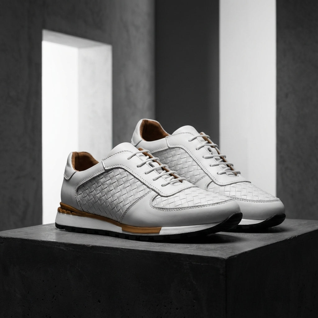 Kaisar Genuine Leather Lace-Up Trainers – Weave Pattern Casual Shoes