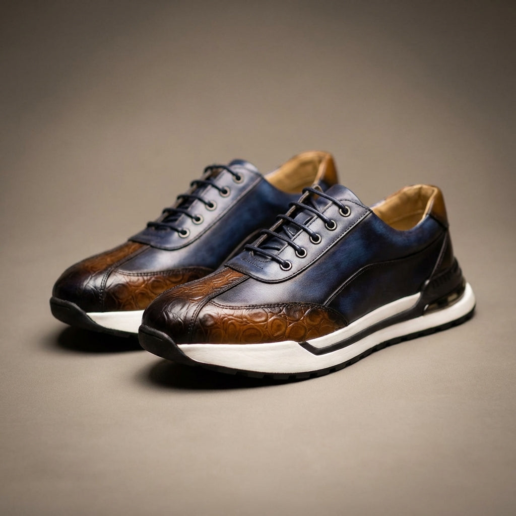 Louis Croc Embossed Leather Trainers – Genuine Cowhide Casual Shoes