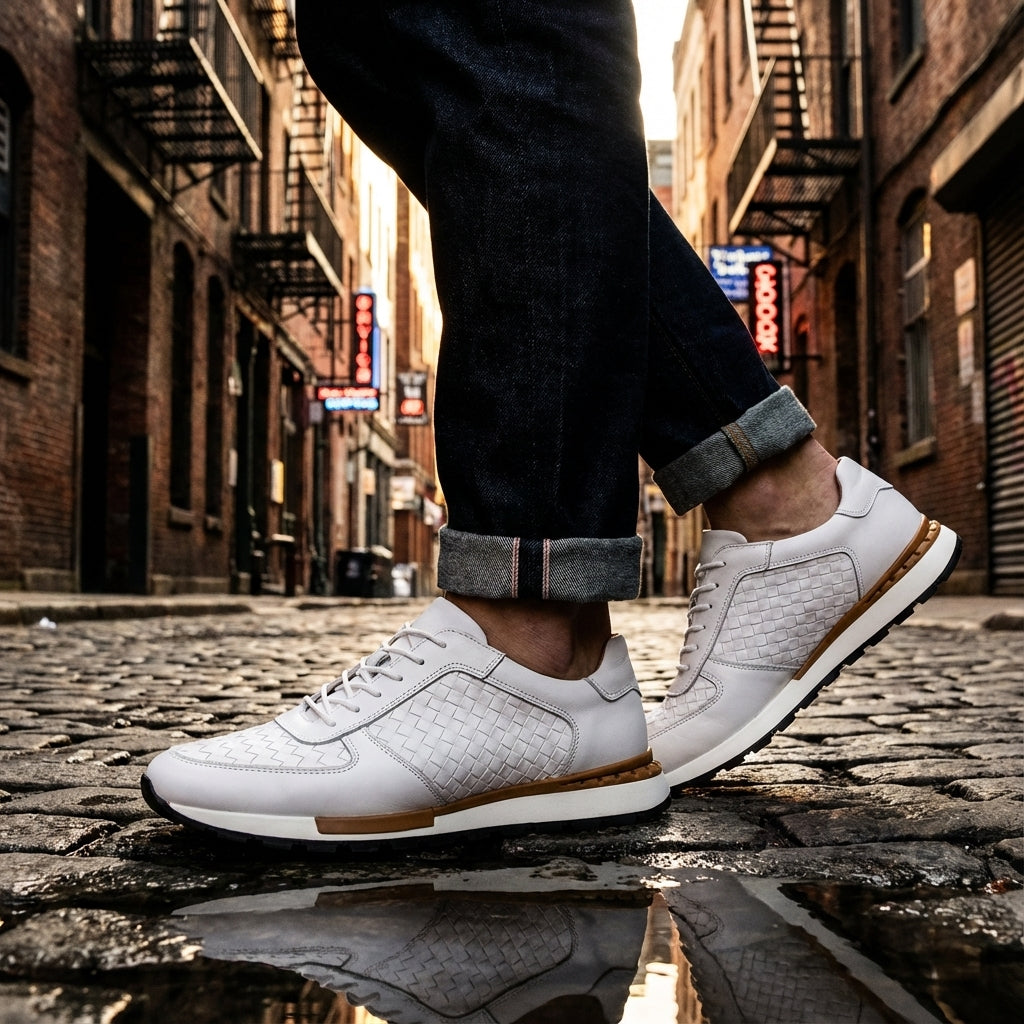 Kaisar Genuine Leather Lace-Up Trainers – Weave Pattern Casual Shoes