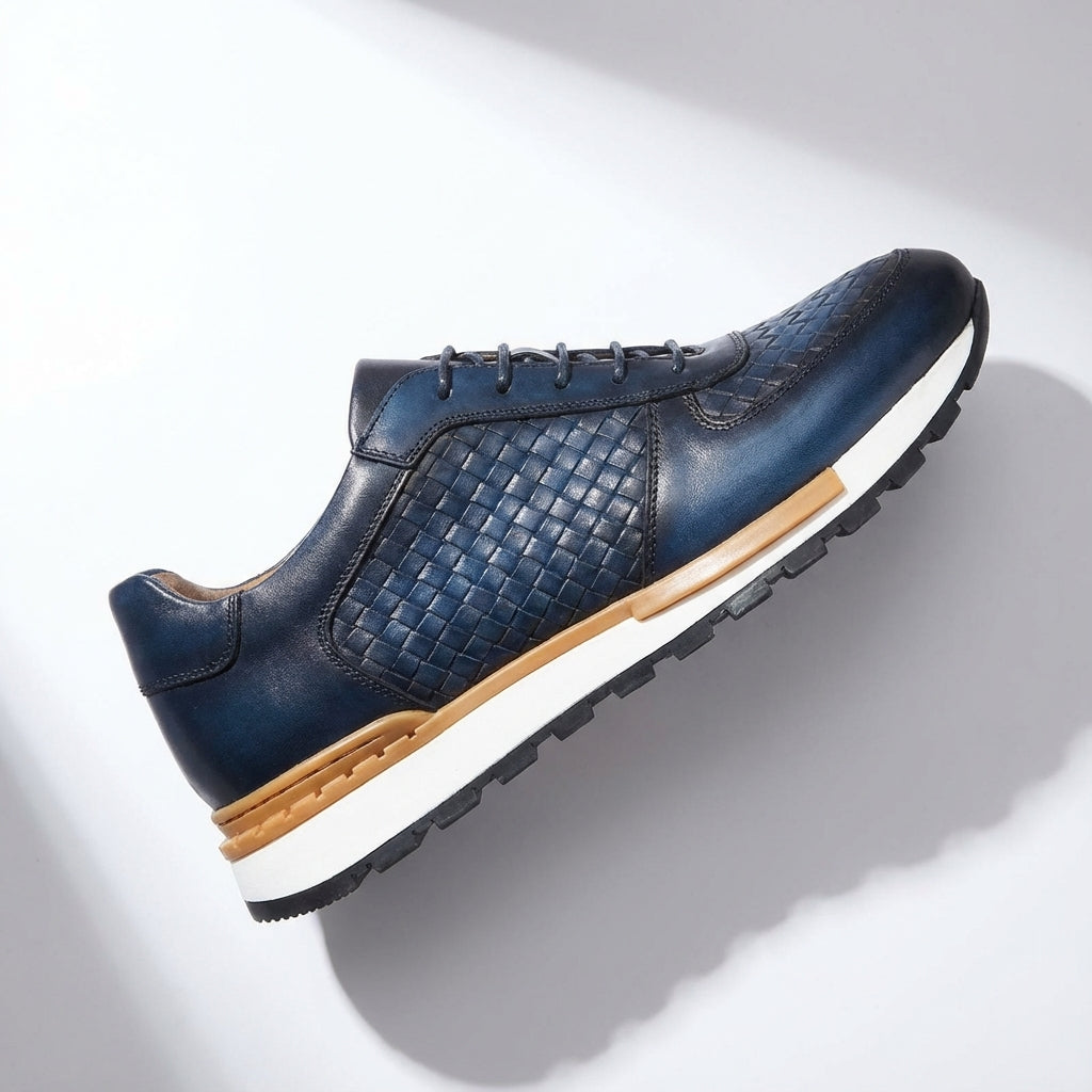 Kaisar Genuine Leather Lace-Up Trainers – Weave Pattern Casual Shoes