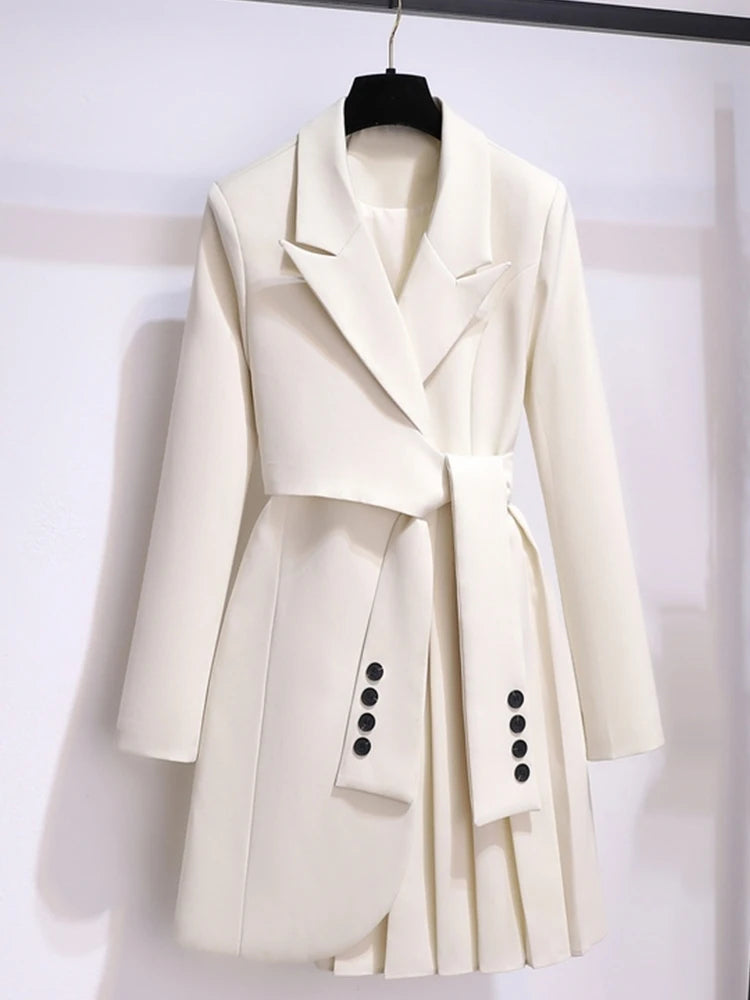 Mirae Women’s Long Coat – Tailored Belted Dress Pleated Skirt