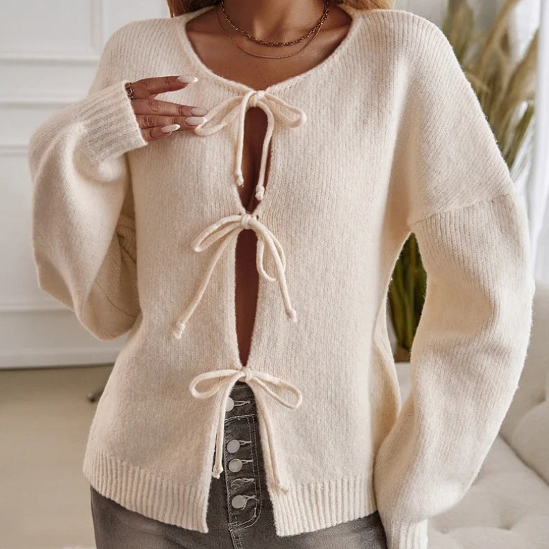 Amira Women’s Knit Sweater – Cotton Blend Cardigan with Lace-Up Detail
