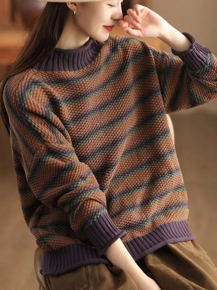 Erica Women's Cotton Sweater – -Waffle-Knit Oversized Stripe Pullover