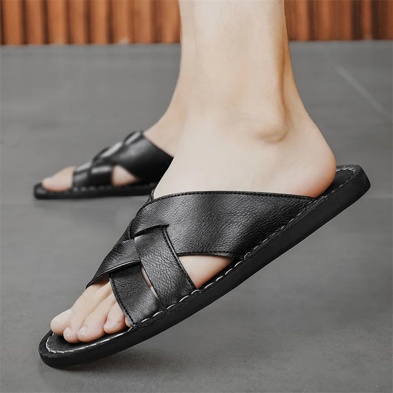 Froilan Full-Grain Leather Cross Strap Sandals – Cushioned Comfort Slides