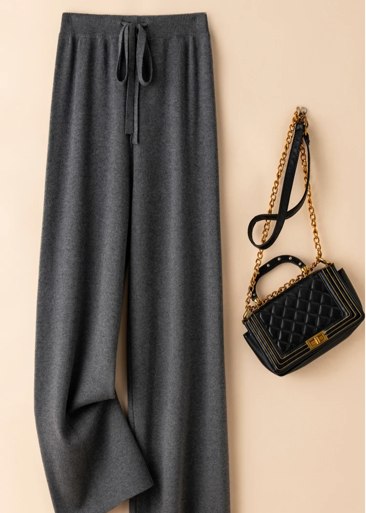 Lizelle Women’s Wide Leg Knit Pants – Heavyweight Trousers with Adjustable Waistband