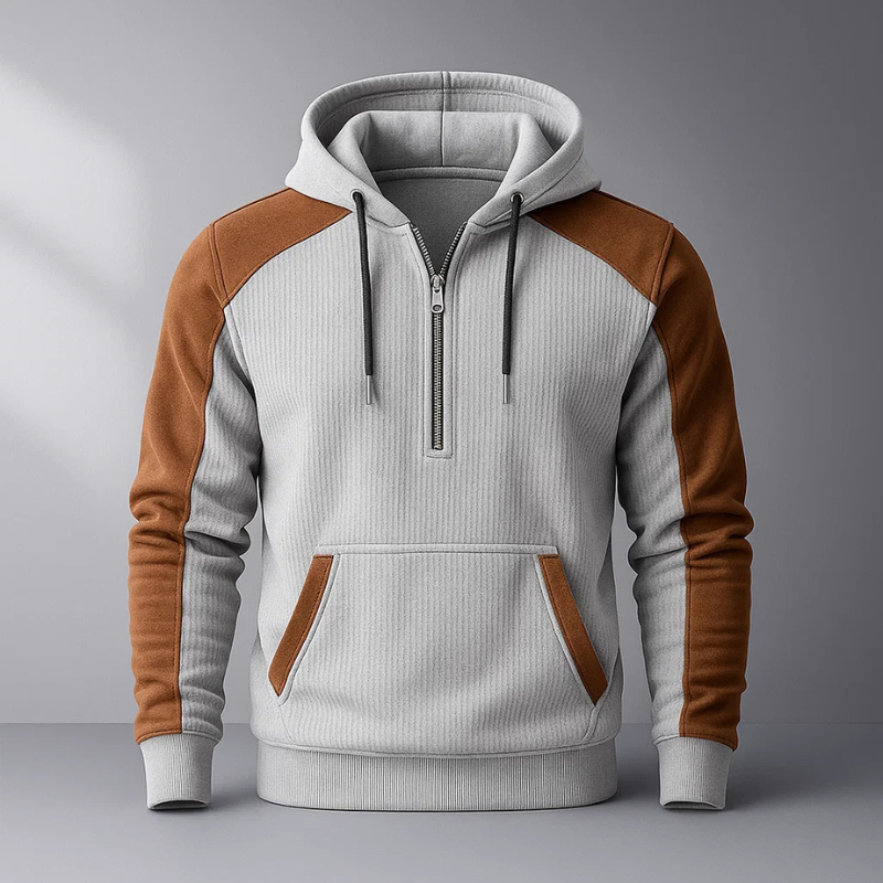 Henry Men’s Quarter-Zip Hoodie – Corduroy Cotton Pullover with Contrast Panels