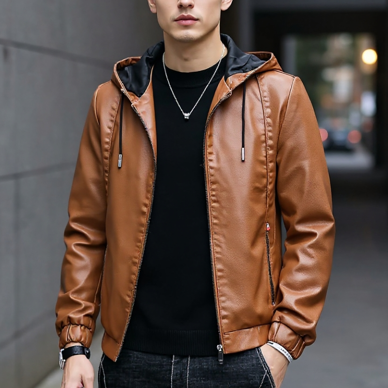 Rodrigo Men’s Leather Jacket – Hooded Zip-Up Casual Jacket