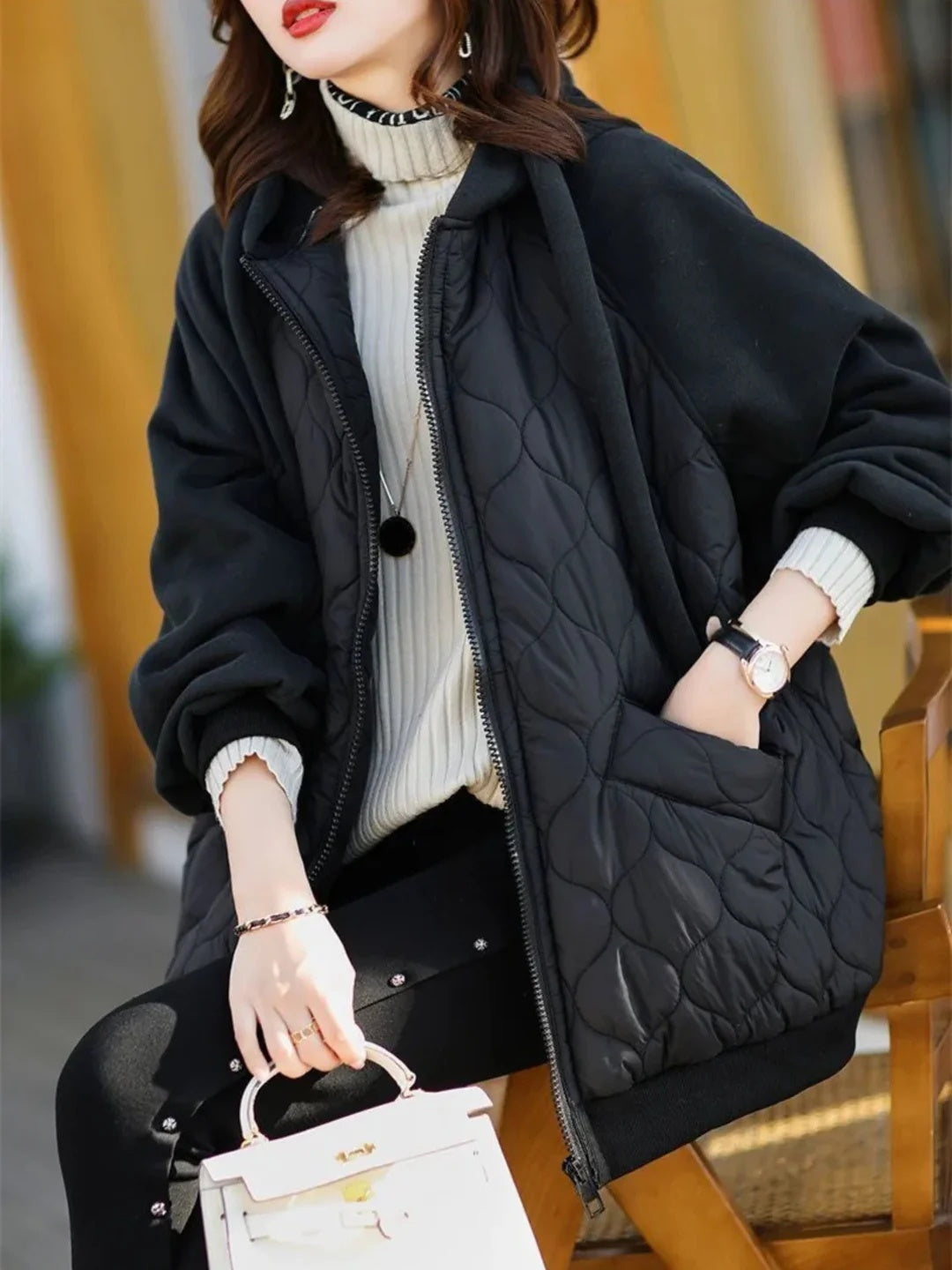 Colette Women’s Quilted Hoodie Jacket – Fleece-Lined Oversized Winter Coat