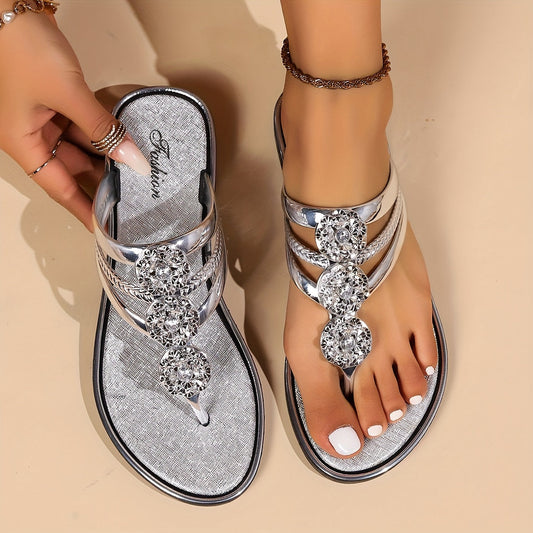 Amelia Women’s Rhinestone Flat Sandals – Silver Toe-Post Design with Cushioned Sole