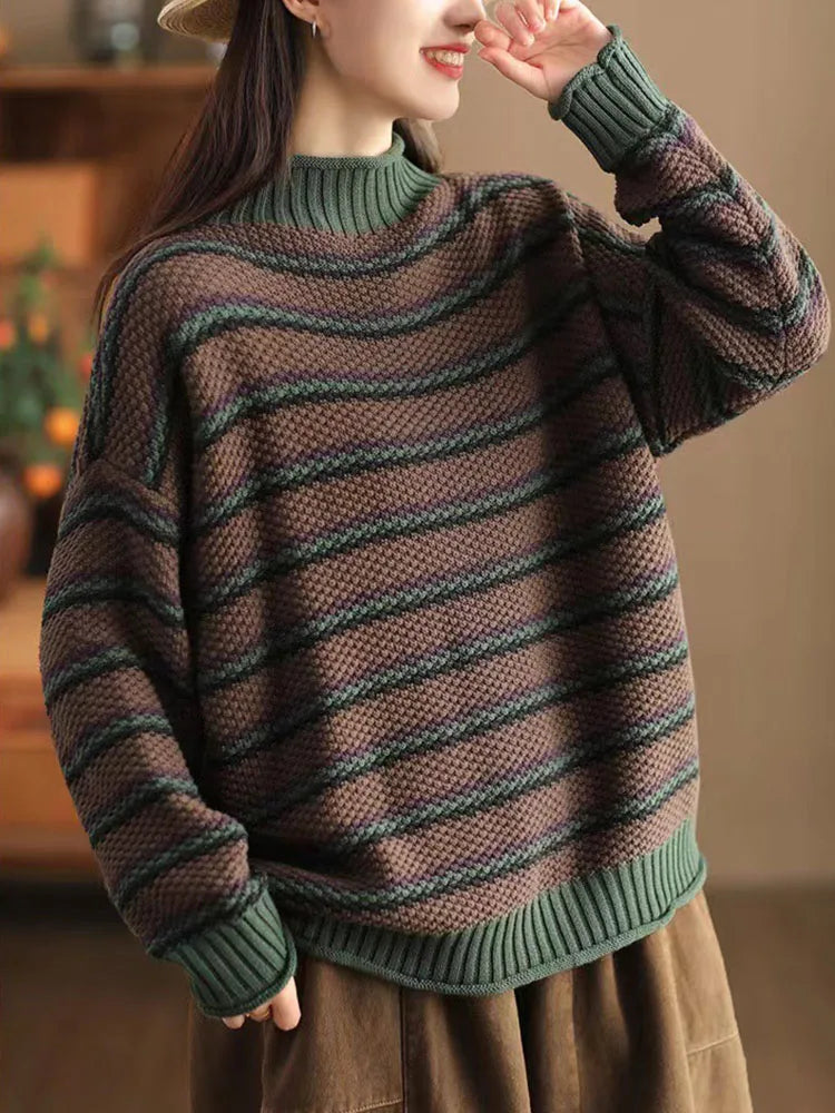 Erica Women's Cotton Sweater – -Waffle-Knit Oversized Stripe Pullover