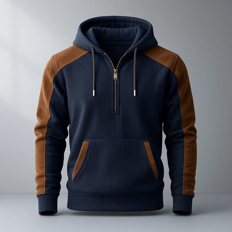 Henry Men’s Quarter-Zip Hoodie – Corduroy Cotton Pullover with Contrast Panels